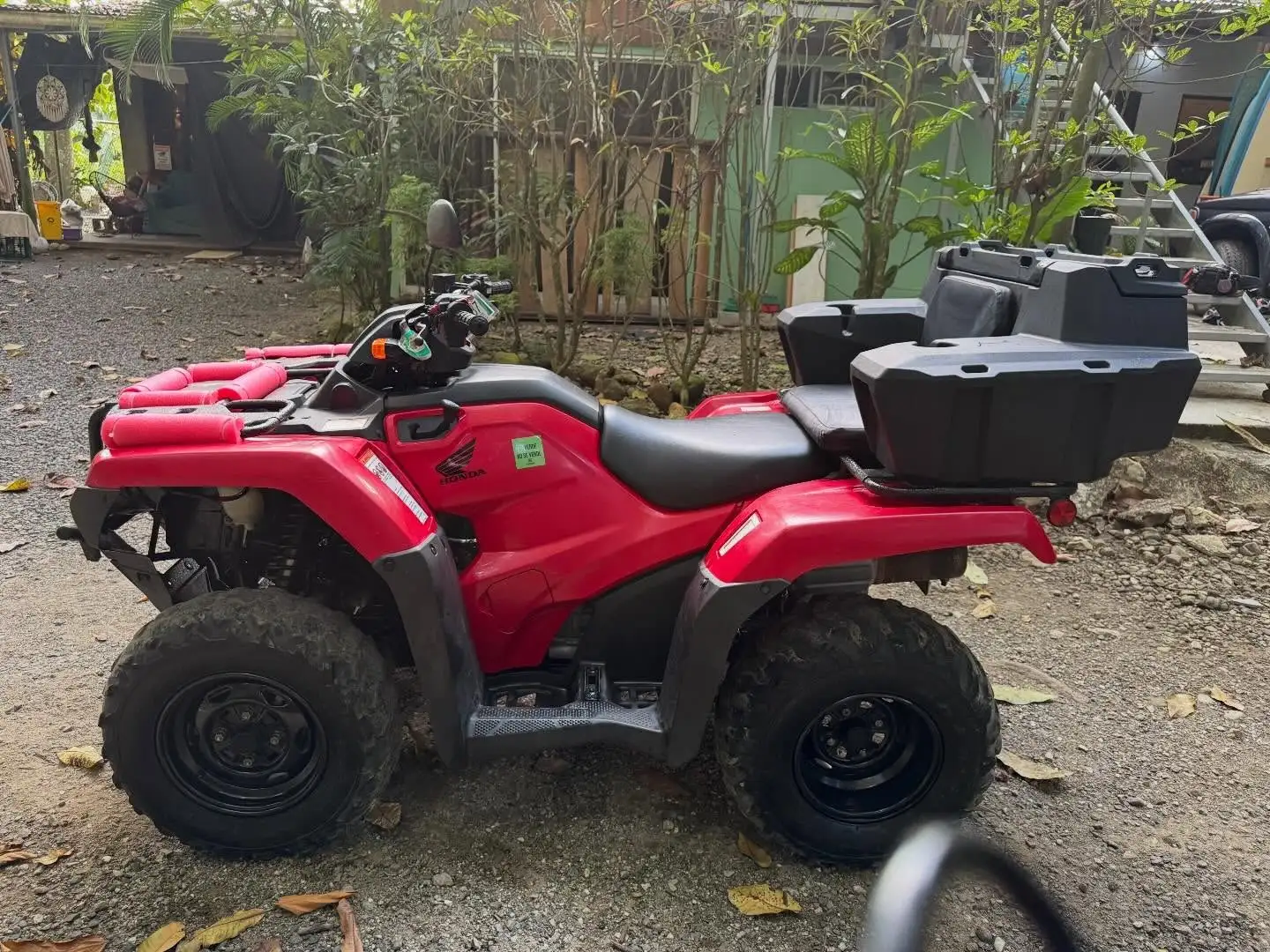 Honda TRX420 ATV parked under tropical plants, side and rear view